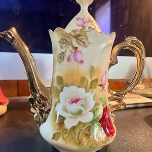 Vintage Lefton NE 1866 Porcelain Coffee Pot Handpainted With Gold Trim